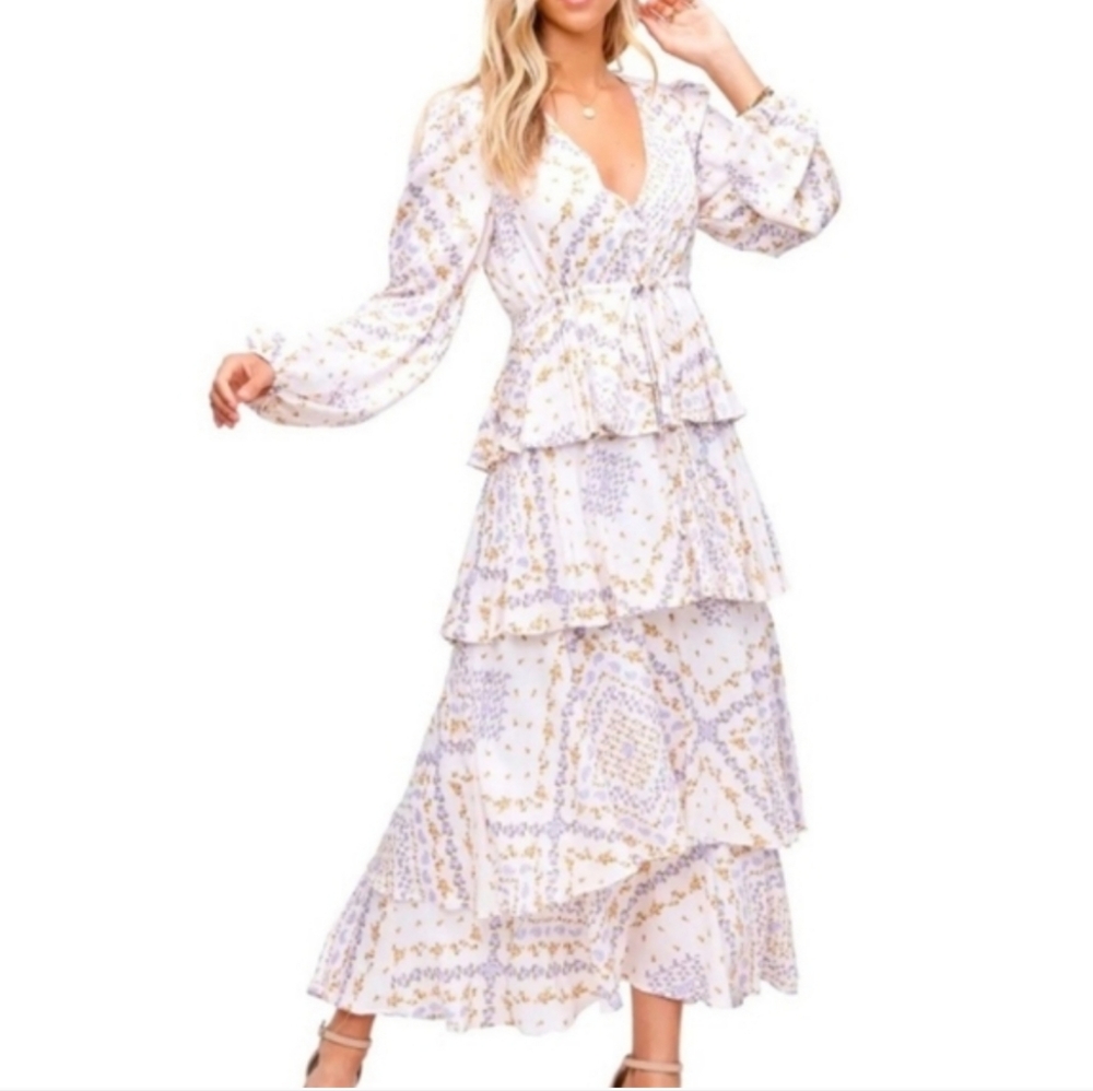 En Saison Paisley / Floral Print Tiered Balloon Sleeve Maxi Dress Medium